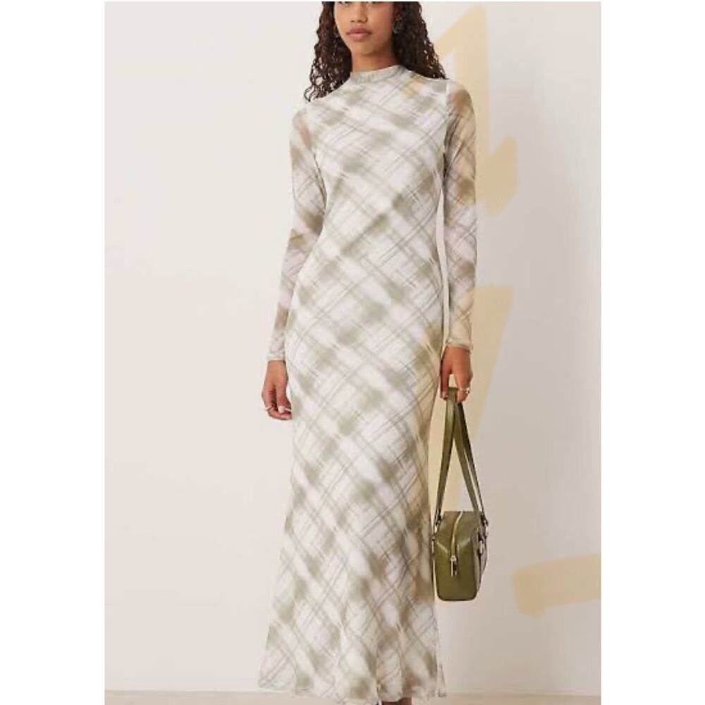 New ASOS Design High Neck Mesh Maxi Dress Green Plaid Long Sleeves Women's 8 10